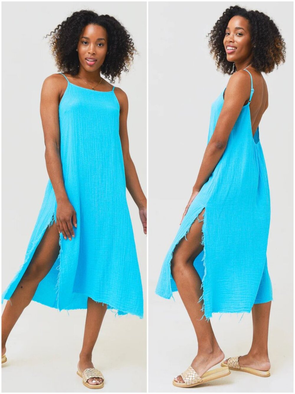 STARKx Low Back Cami Dress size S small golden yellow midi cotton gauze slit - Picture 8 of 8
